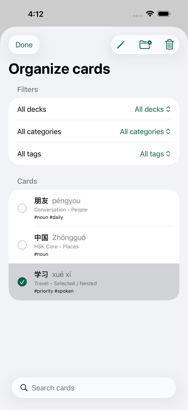PinyinIQ Library showing saved learning cards